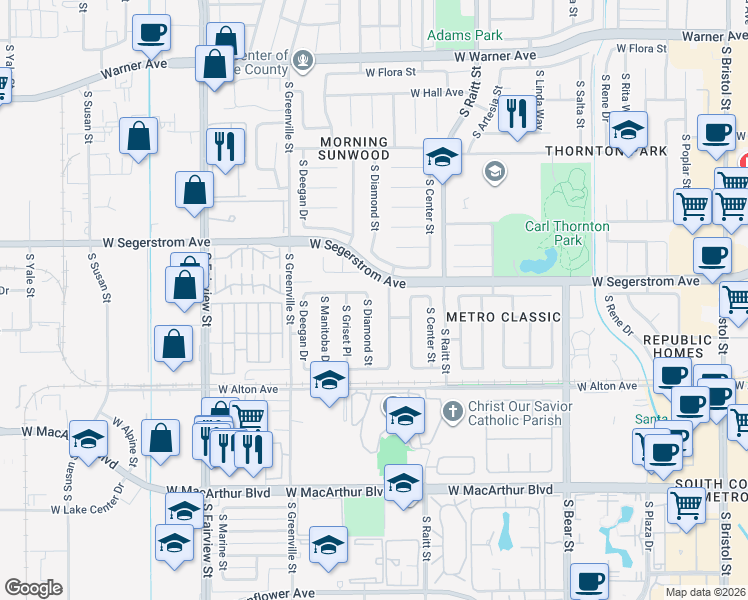 map of restaurants, bars, coffee shops, grocery stores, and more near 3015 South Diamond Street in Santa Ana