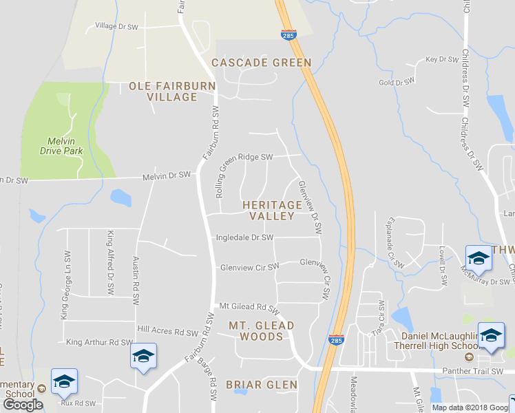 map of restaurants, bars, coffee shops, grocery stores, and more near 3530 Heritage Valley Road Southwest in Atlanta