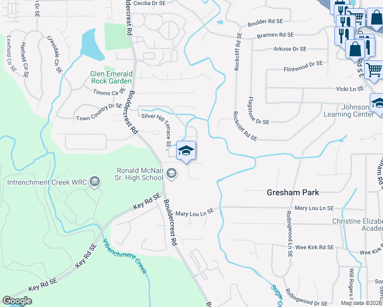 map of restaurants, bars, coffee shops, grocery stores, and more near 2926 Silver Hill Terrace Southeast in Atlanta