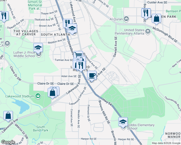 map of restaurants, bars, coffee shops, grocery stores, and more near 15 Gould Street Southeast in Atlanta