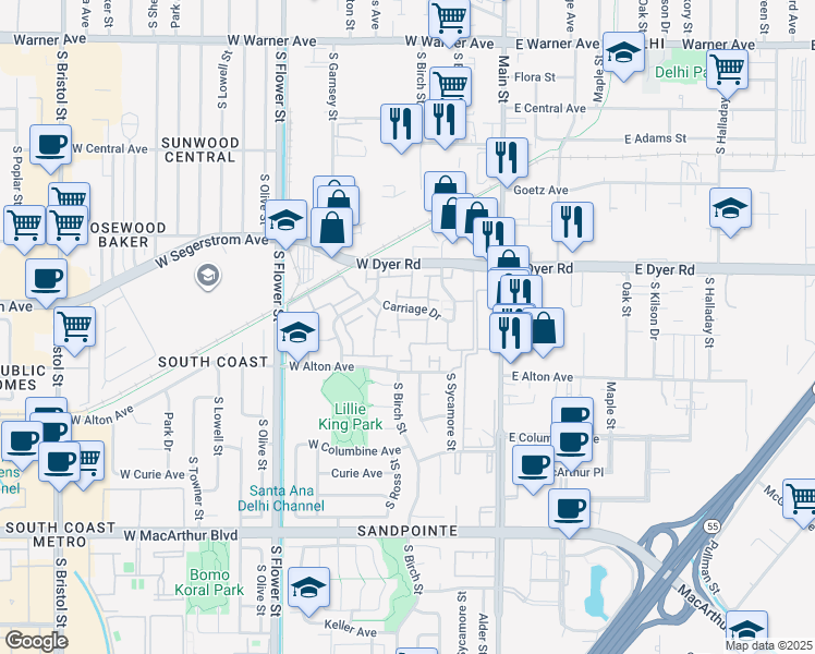 map of restaurants, bars, coffee shops, grocery stores, and more near 370 Carriage Drive in Santa Ana