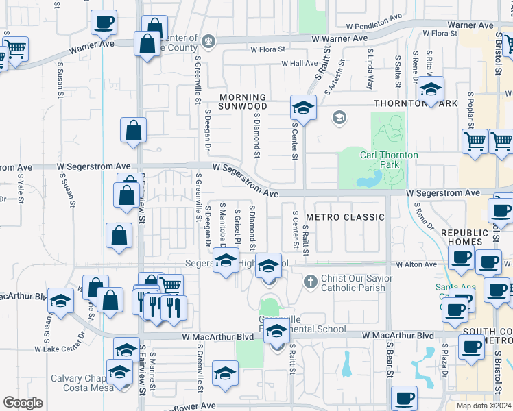 map of restaurants, bars, coffee shops, grocery stores, and more near 3015 South Diamond Street in Santa Ana
