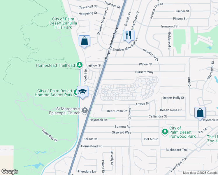 map of restaurants, bars, coffee shops, grocery stores, and more near 72805 Don Larson Lane in Palm Desert