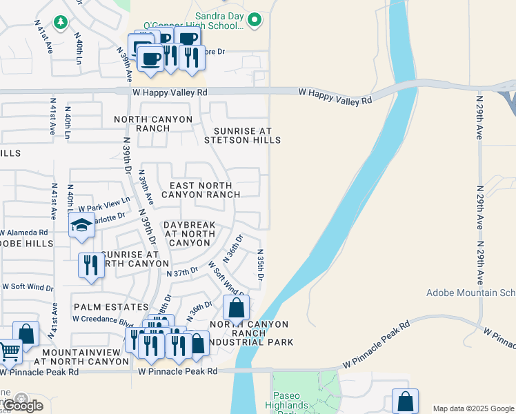 map of restaurants, bars, coffee shops, grocery stores, and more near 24229 North 35th Drive in Glendale