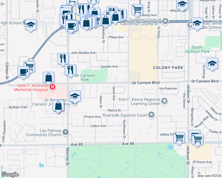 map of restaurants, bars, coffee shops, grocery stores, and more near 82390 Deborah Drive in Indio