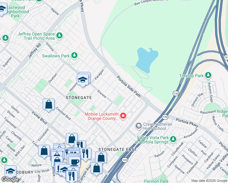 map of restaurants, bars, coffee shops, grocery stores, and more near 57 Westover in Irvine