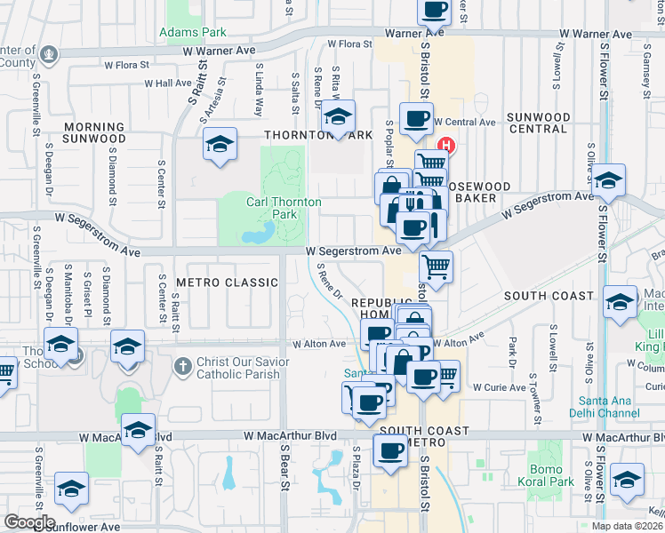 map of restaurants, bars, coffee shops, grocery stores, and more near 3018 South Rita Way in Santa Ana