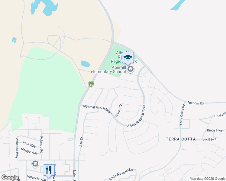 map of restaurants, bars, coffee shops, grocery stores, and more near 4126 Larkspur Street in Lake Elsinore