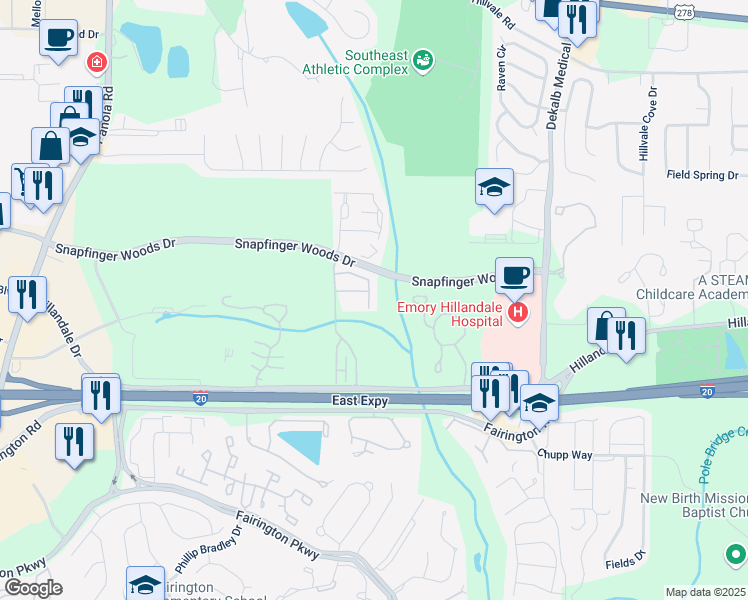 map of restaurants, bars, coffee shops, grocery stores, and more near 2690 Stonekey Bend in Lithonia