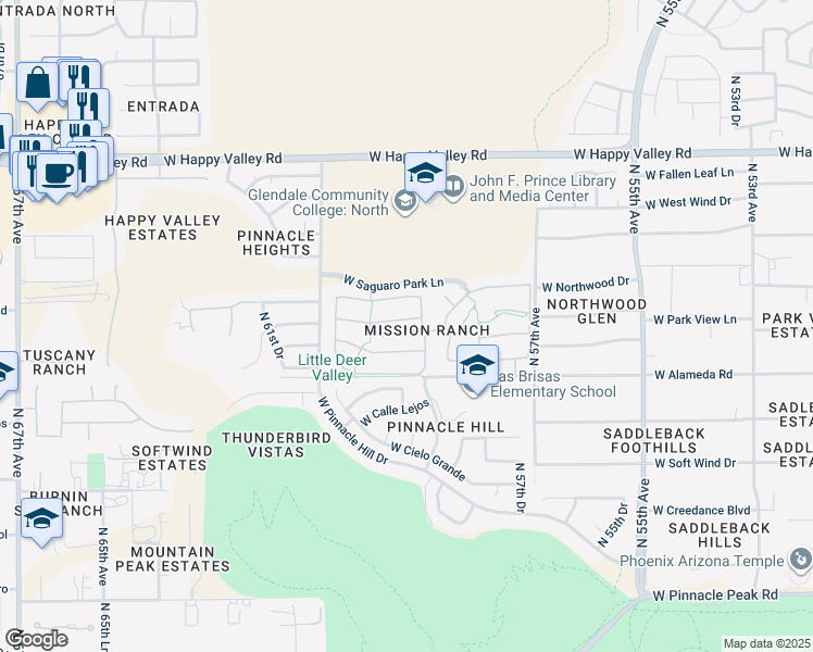 map of restaurants, bars, coffee shops, grocery stores, and more near 5917 West Park View Lane in Glendale