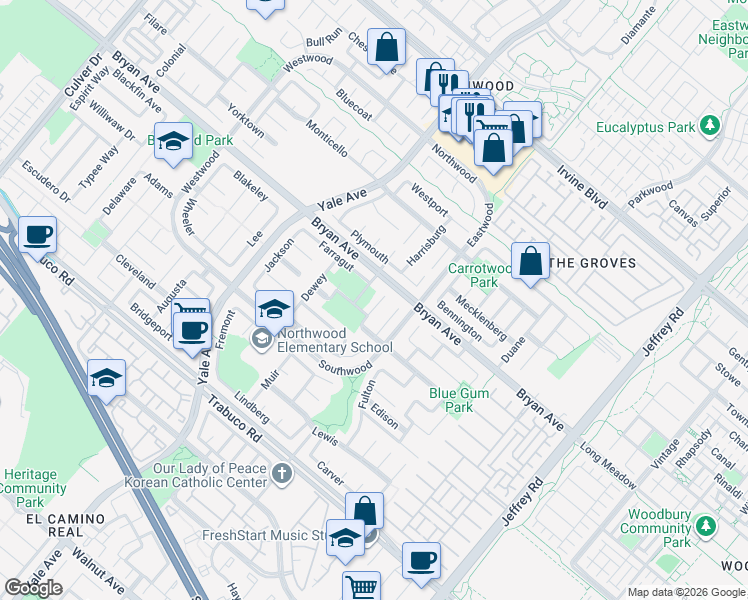 map of restaurants, bars, coffee shops, grocery stores, and more near 3 Calhoun in Irvine