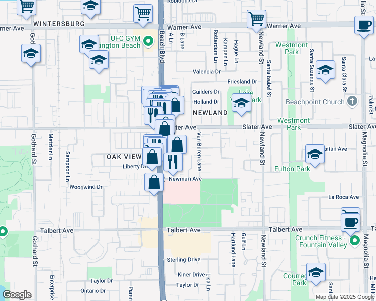 map of restaurants, bars, coffee shops, grocery stores, and more near 17641 Sergio Circle in Huntington Beach