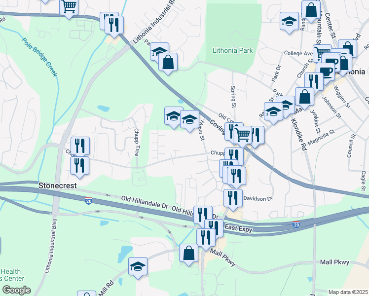 map of restaurants, bars, coffee shops, grocery stores, and more near 6688 Chupp Road in Lithonia