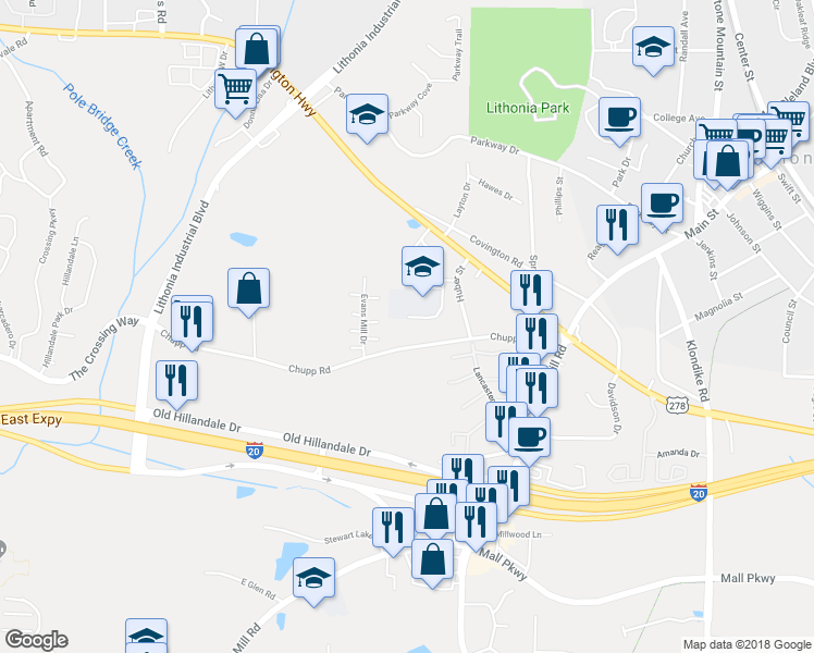 map of restaurants, bars, coffee shops, grocery stores, and more near 6688 Chupp Road in Lithonia