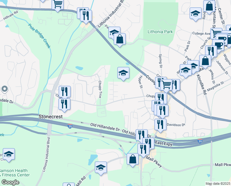 map of restaurants, bars, coffee shops, grocery stores, and more near 2716 Evans Mill Drive in Lithonia