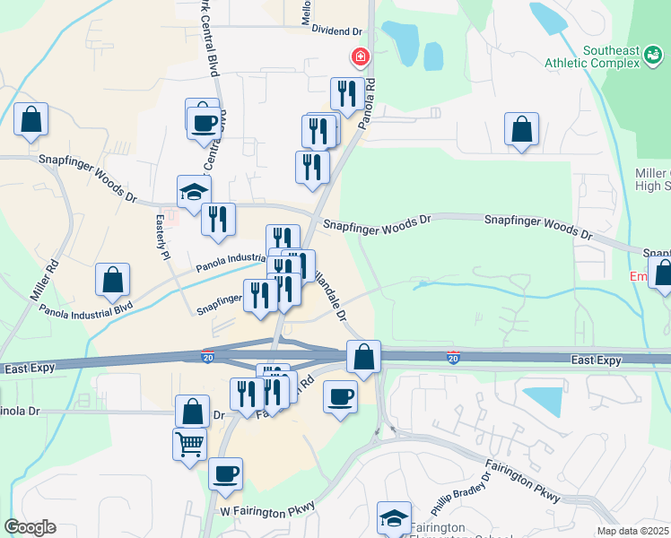 map of restaurants, bars, coffee shops, grocery stores, and more near 5529-5569 Hillandale Dr in Decatur