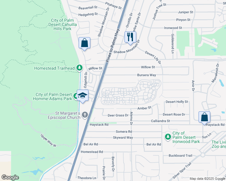 map of restaurants, bars, coffee shops, grocery stores, and more near 72803 Don Larson Lane in Palm Desert
