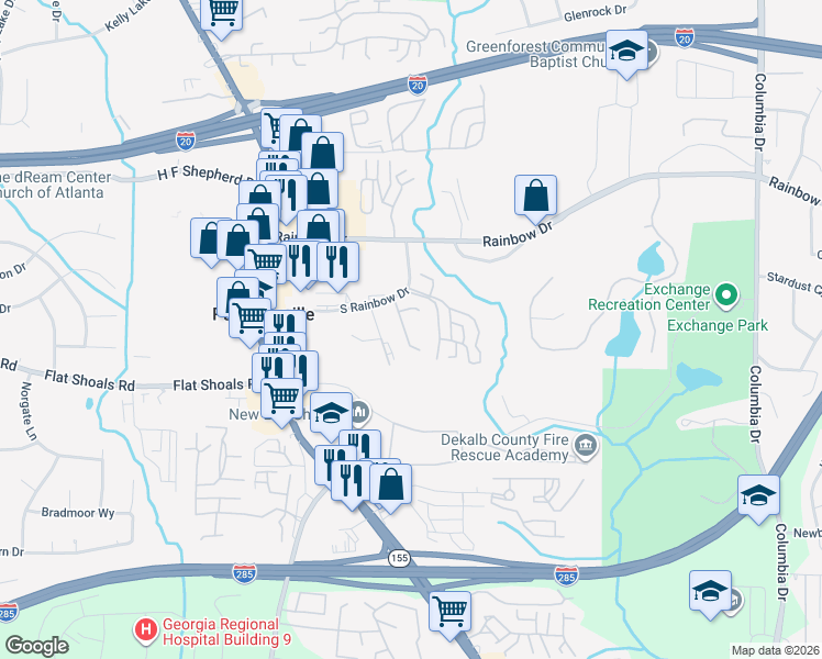map of restaurants, bars, coffee shops, grocery stores, and more near 1564 Eastern Sunrise Lane in Decatur