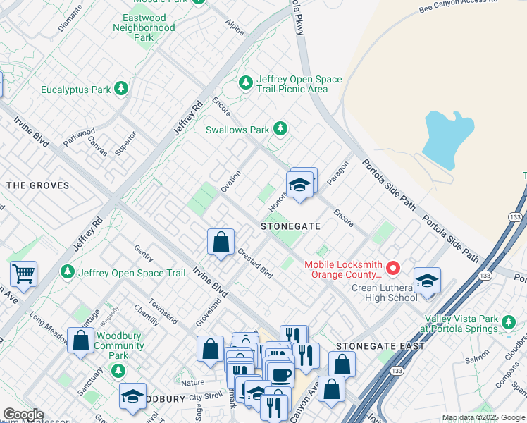 map of restaurants, bars, coffee shops, grocery stores, and more near 206 Shelbourne in Irvine