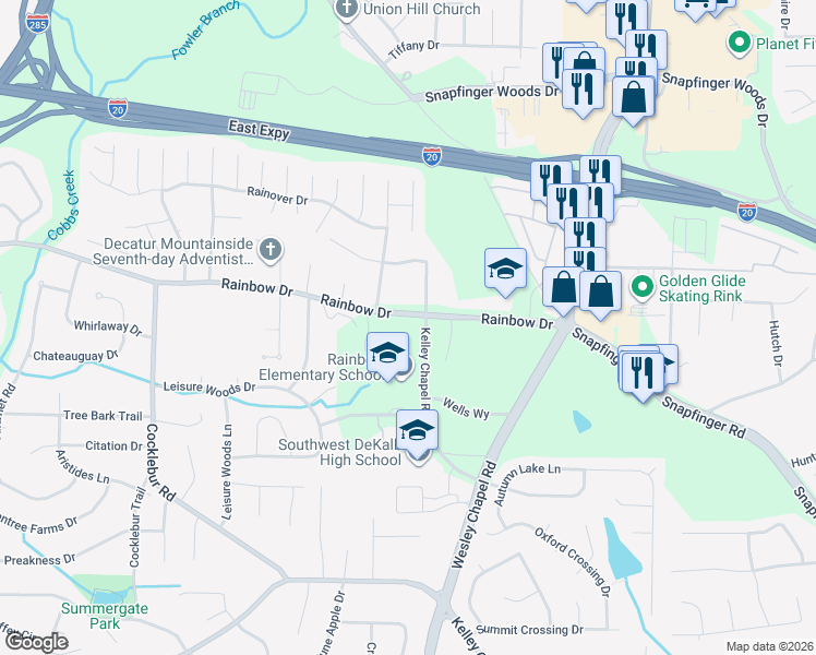 map of restaurants, bars, coffee shops, grocery stores, and more near 4059 Rainbow Drive in Decatur