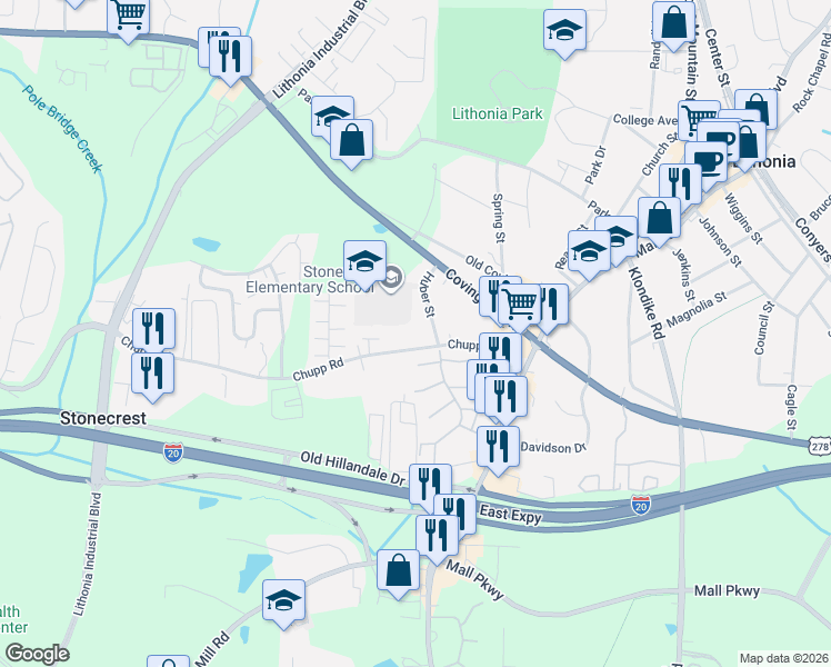 map of restaurants, bars, coffee shops, grocery stores, and more near 6704 Chupp Road in Lithonia