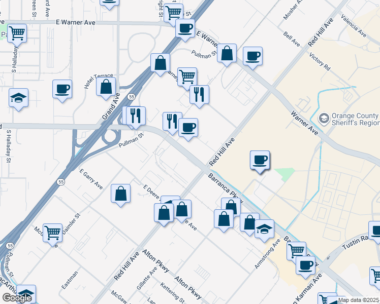 map of restaurants, bars, coffee shops, grocery stores, and more near 1951 East Dyer Road in Santa Ana
