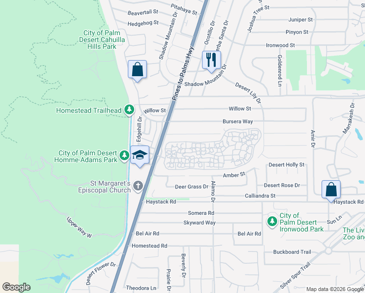 map of restaurants, bars, coffee shops, grocery stores, and more near 72805 Don Larson Lane in Palm Desert