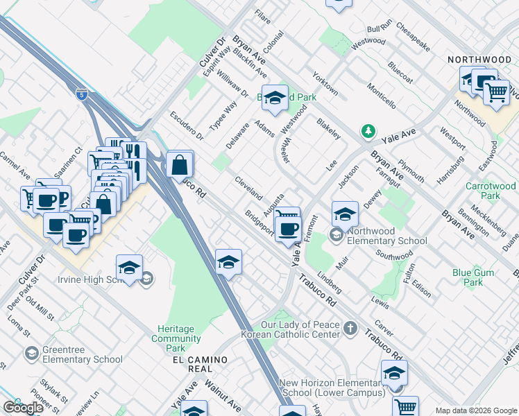 map of restaurants, bars, coffee shops, grocery stores, and more near 16 Southampton in Irvine