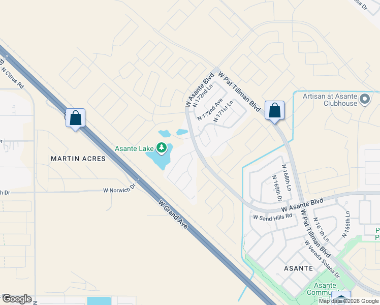 map of restaurants, bars, coffee shops, grocery stores, and more near 24505 North 173rd Lane in Surprise