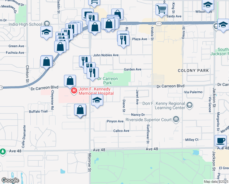 map of restaurants, bars, coffee shops, grocery stores, and more near 82165 Doctor Carreon Boulevard in Indio