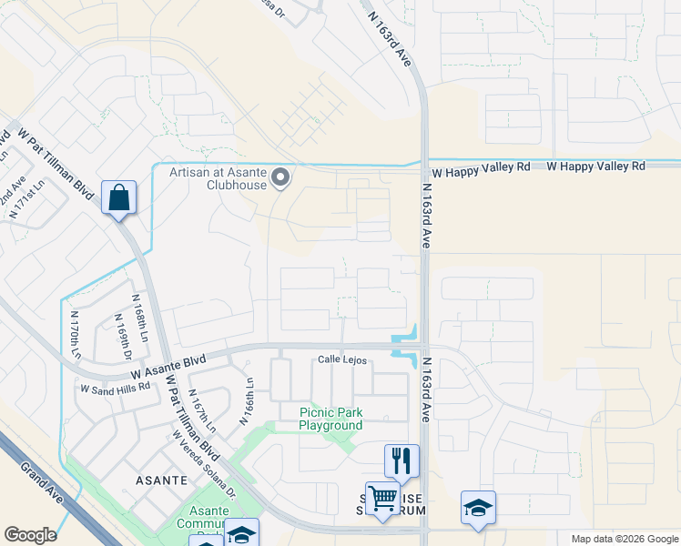 map of restaurants, bars, coffee shops, grocery stores, and more near West Asante Boulevard in Surprise