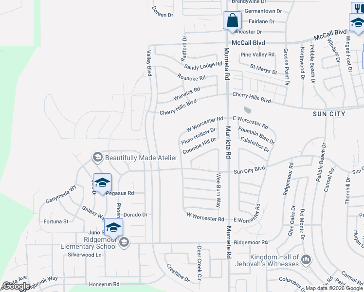 map of restaurants, bars, coffee shops, grocery stores, and more near 25780 Coombe Hill Drive in Menifee