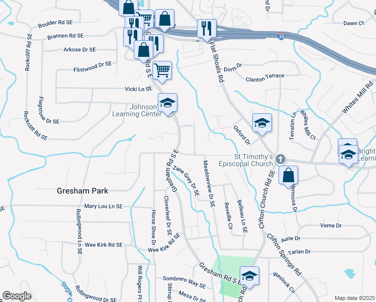 map of restaurants, bars, coffee shops, grocery stores, and more near 2032 Parker Ranch Road Southeast in Atlanta