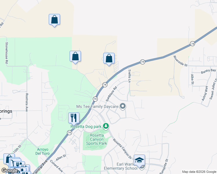 map of restaurants, bars, coffee shops, grocery stores, and more near 45007 Altissimo Way in Lake Elsinore