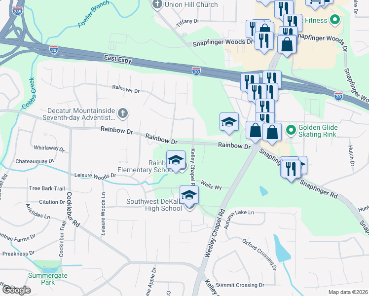 map of restaurants, bars, coffee shops, grocery stores, and more near 4059 Rainbow Drive in Decatur