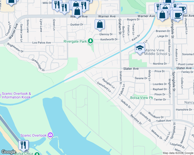 map of restaurants, bars, coffee shops, grocery stores, and more near 5282 Fanwood Drive in Huntington Beach