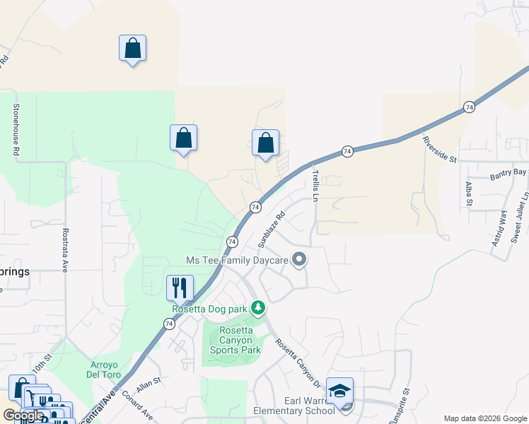 map of restaurants, bars, coffee shops, grocery stores, and more near 45007 Altissimo Way in Lake Elsinore