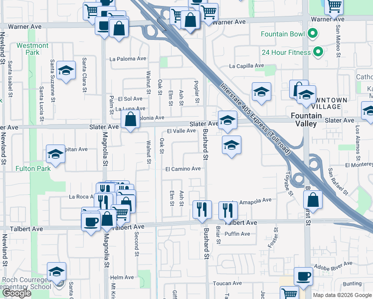 map of restaurants, bars, coffee shops, grocery stores, and more near 9422 El Pueblo Avenue in Fountain Valley