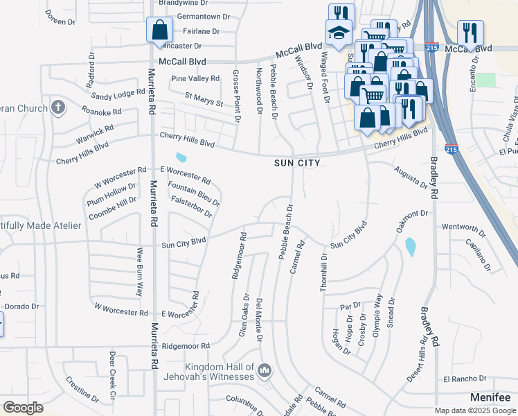 map of restaurants, bars, coffee shops, grocery stores, and more near 26400 Cedar Crest Drive in Menifee