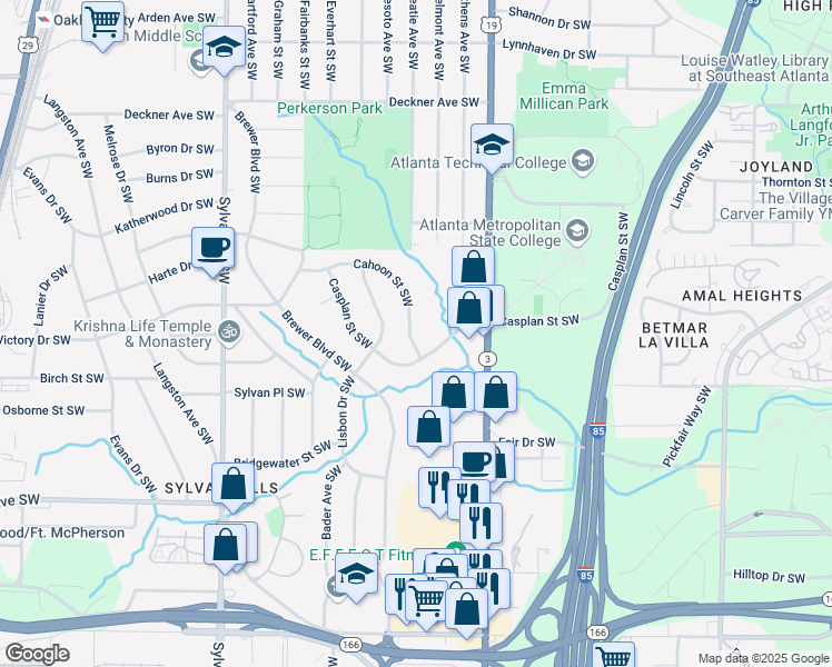 map of restaurants, bars, coffee shops, grocery stores, and more near 1780 Cahoon Street Southwest in Atlanta