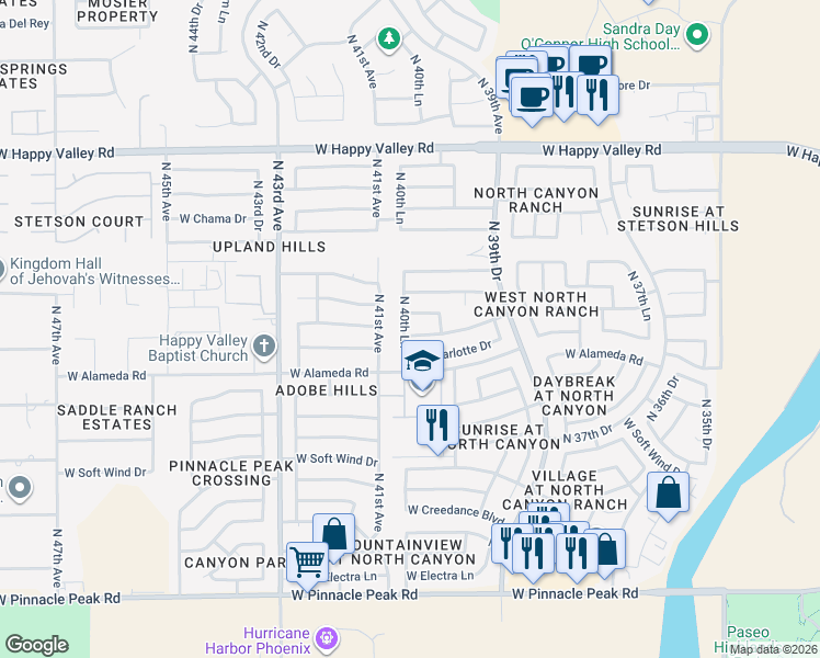 map of restaurants, bars, coffee shops, grocery stores, and more near 24226 North 40th Lane in Glendale