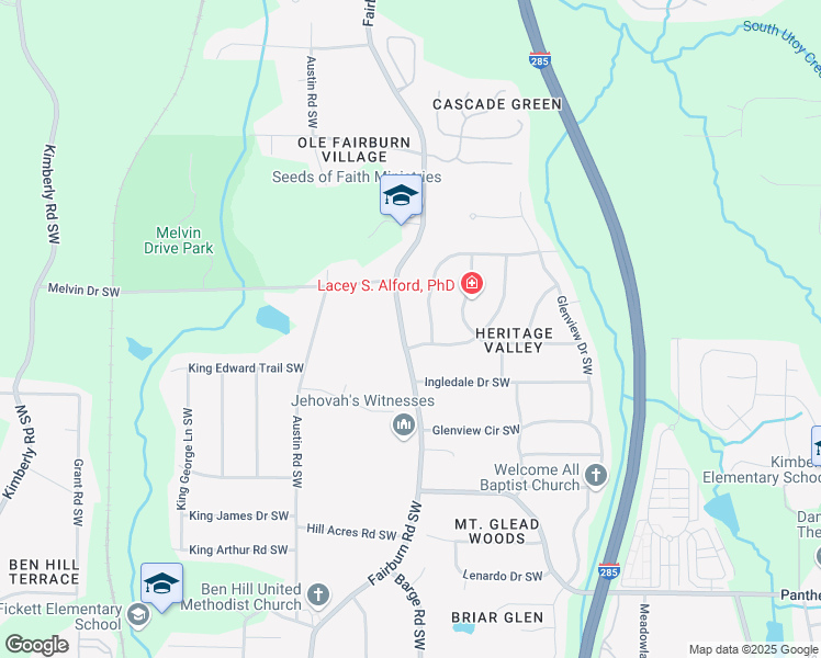 map of restaurants, bars, coffee shops, grocery stores, and more near 1765 Fairburn Road Southwest in Atlanta