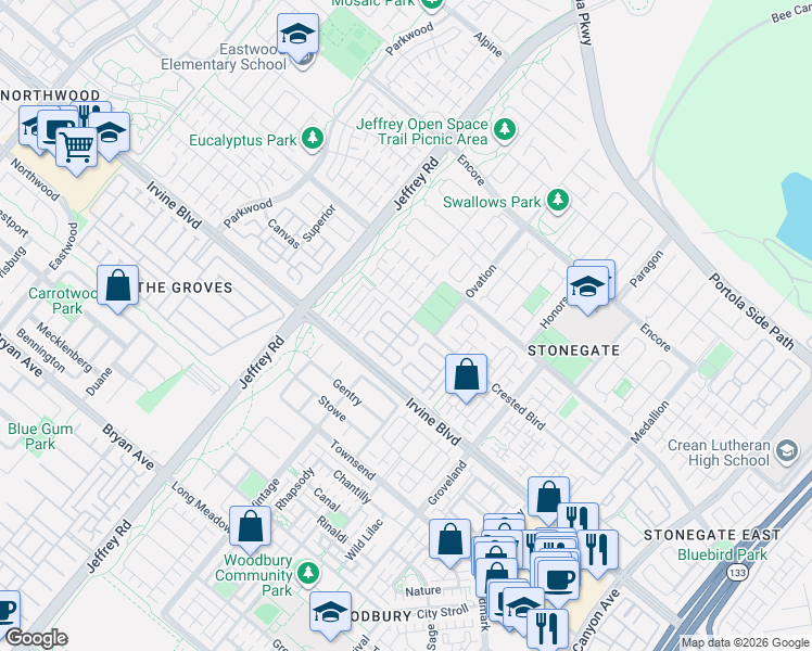 map of restaurants, bars, coffee shops, grocery stores, and more near 72 Gemstone in Irvine