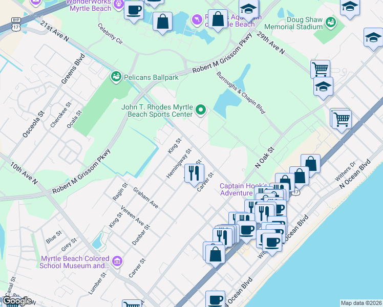 map of restaurants, bars, coffee shops, grocery stores, and more near 1510 Dunbar Street in Myrtle Beach