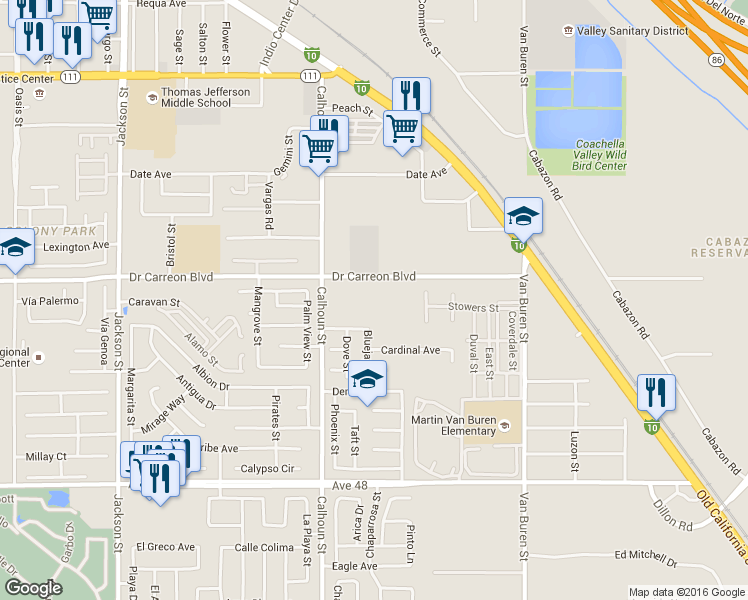 map of restaurants, bars, coffee shops, grocery stores, and more near 83630 Quail Avenue in Indio