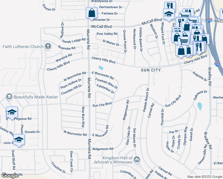map of restaurants, bars, coffee shops, grocery stores, and more near 26220 Falsterbor Drive in Menifee