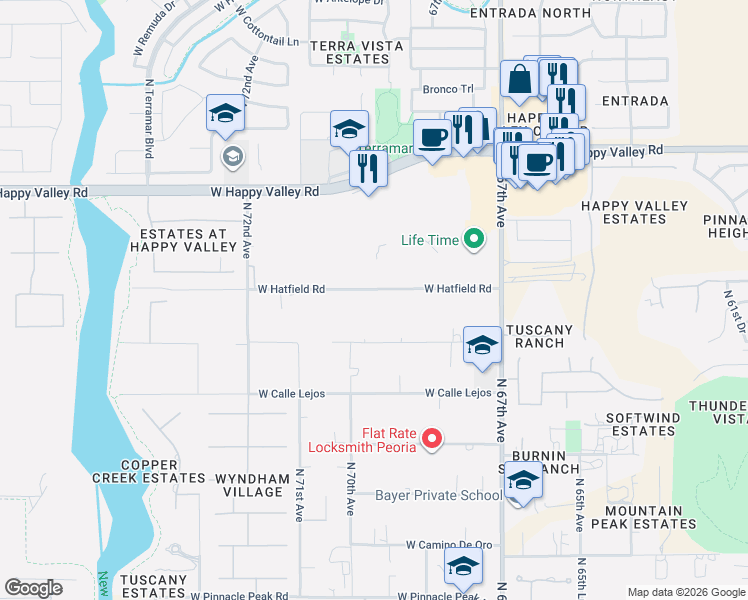 map of restaurants, bars, coffee shops, grocery stores, and more near 6945 West Hatfield Road in Peoria