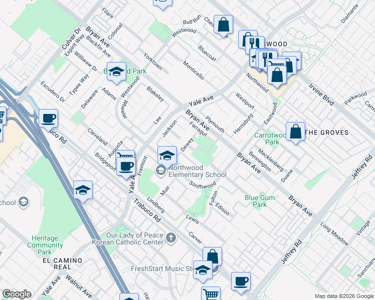 map of restaurants, bars, coffee shops, grocery stores, and more near 2 Clay in Irvine