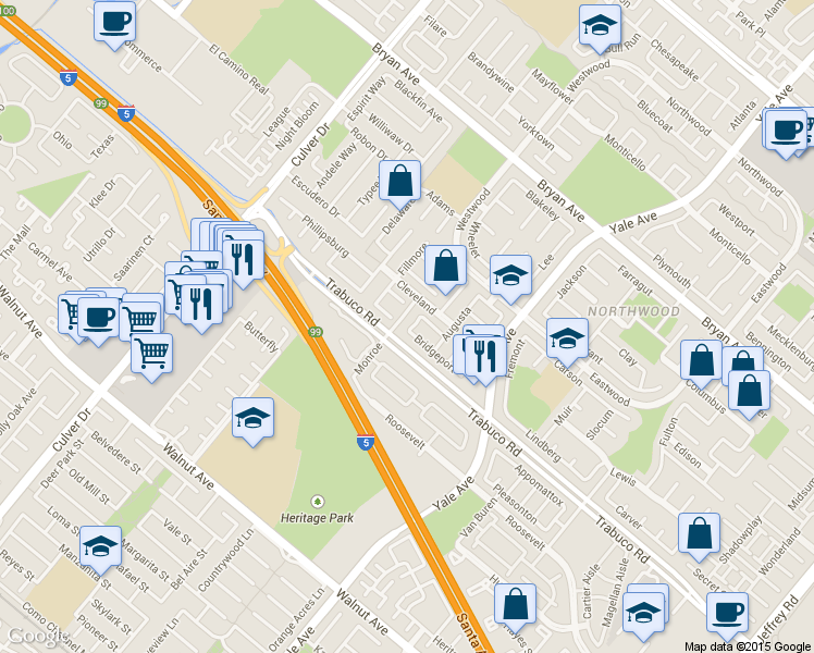 map of restaurants, bars, coffee shops, grocery stores, and more near 46 Bridgeport in Irvine