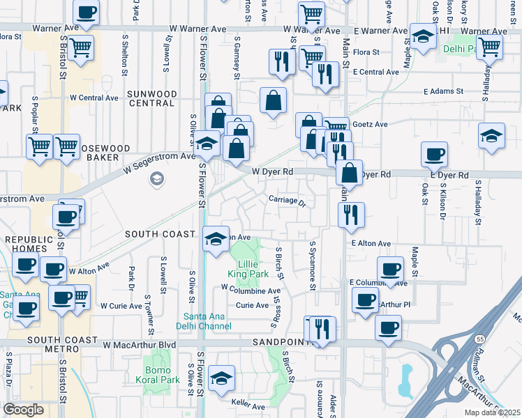 map of restaurants, bars, coffee shops, grocery stores, and more near 460C Rolls Place in Santa Ana